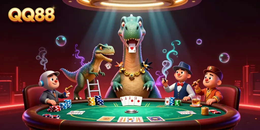 Experience the excitement of QQ88 with a brontosaurus and clever raptor at a vibrant poker game.