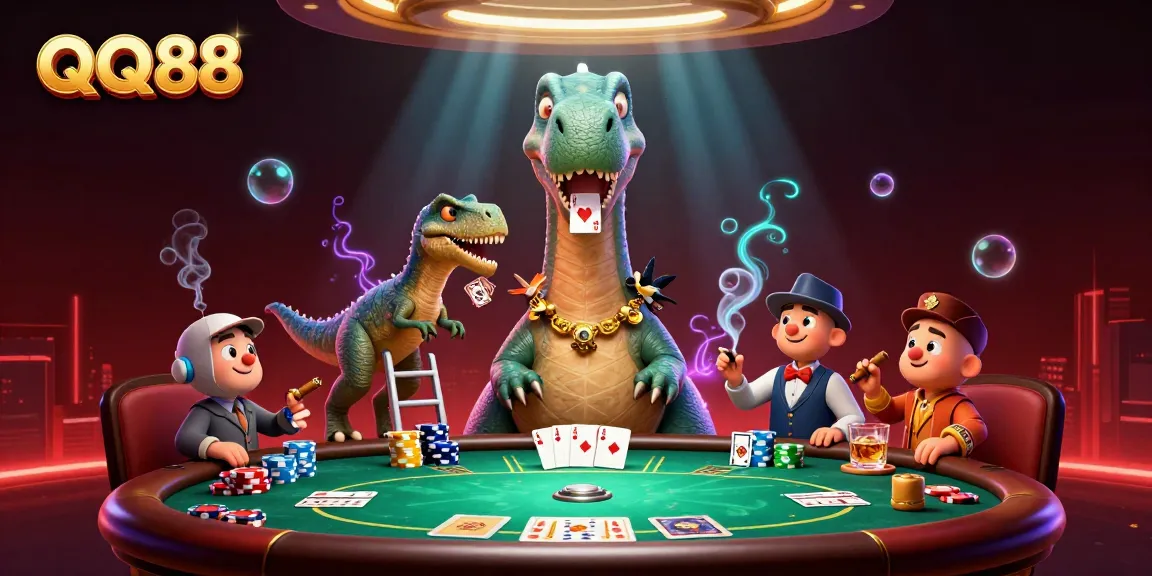 Experience the excitement of QQ88 with a brontosaurus and clever raptor at a vibrant poker game.