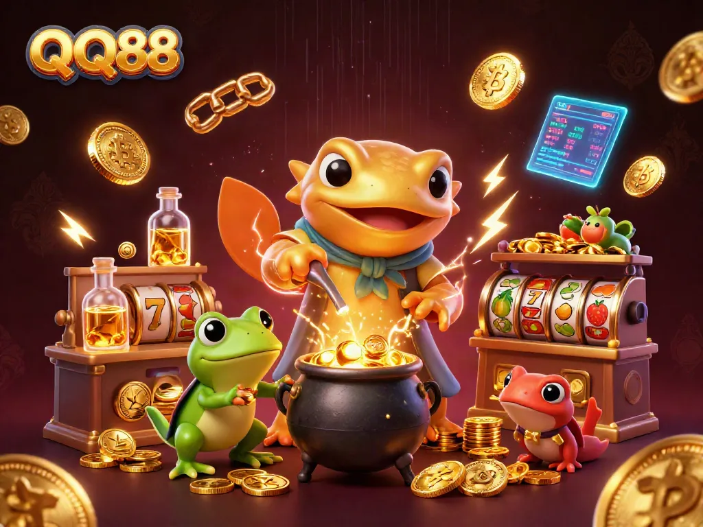 Engage with QQ88's exciting world of slots with golden alchemist and vibrant casino elements.