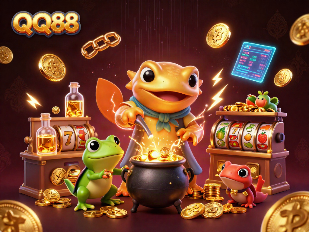 Engage with QQ88's exciting world of slots with golden alchemist and vibrant casino elements.