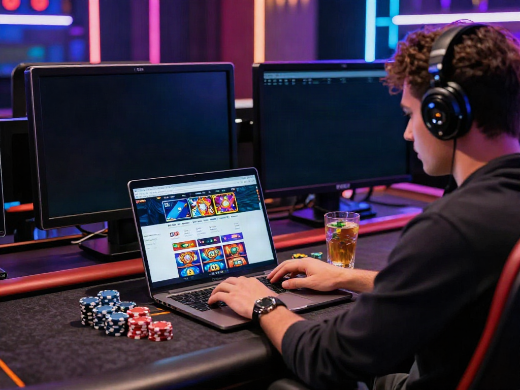 Player engaging with credit card casino sites on laptop amid vibrant gaming atmosphere.