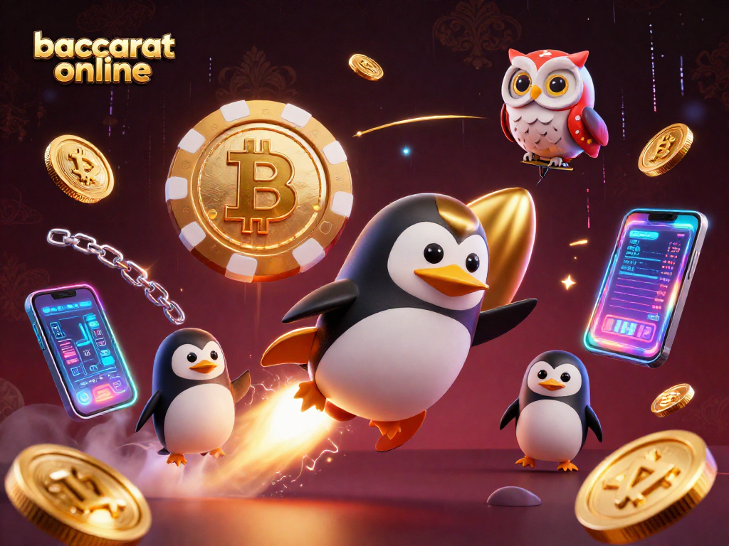 Baccarat online experience illustrated by a golden penguin racing to a casino space station amidst glowing crypto elements.