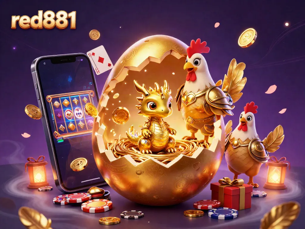 Experience the thrill of red881 with a vibrant golden dragon and casino-themed elements.
