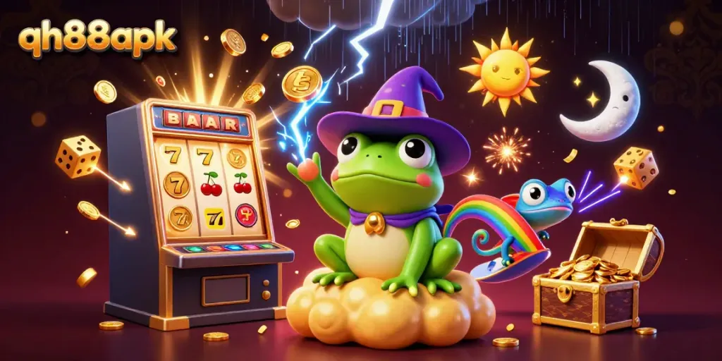 Experience the excitement of qh88apk with a magical storm of coins and vibrant casino elements.