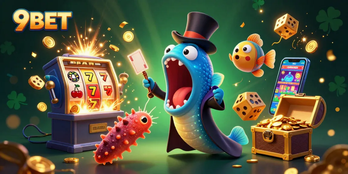 Experience the magic of 9BET with vibrant slots, creative characters, and dynamic casino elements.