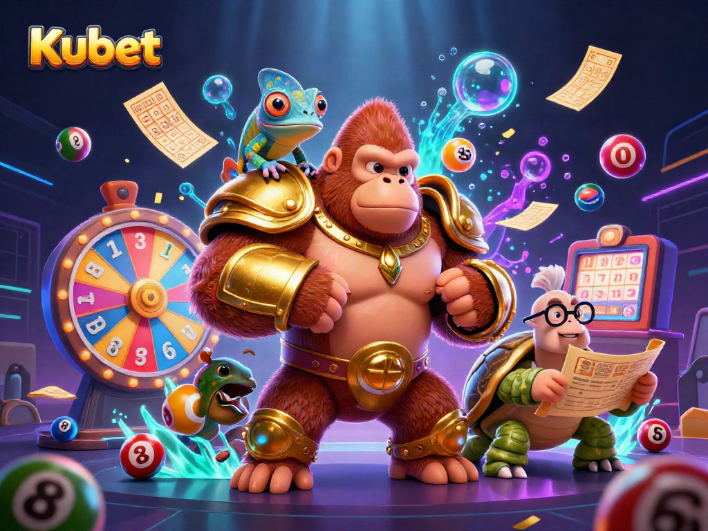 Kubet lottery scene with a gorilla and chameleon celebrating among lottery elements and confetti effects.