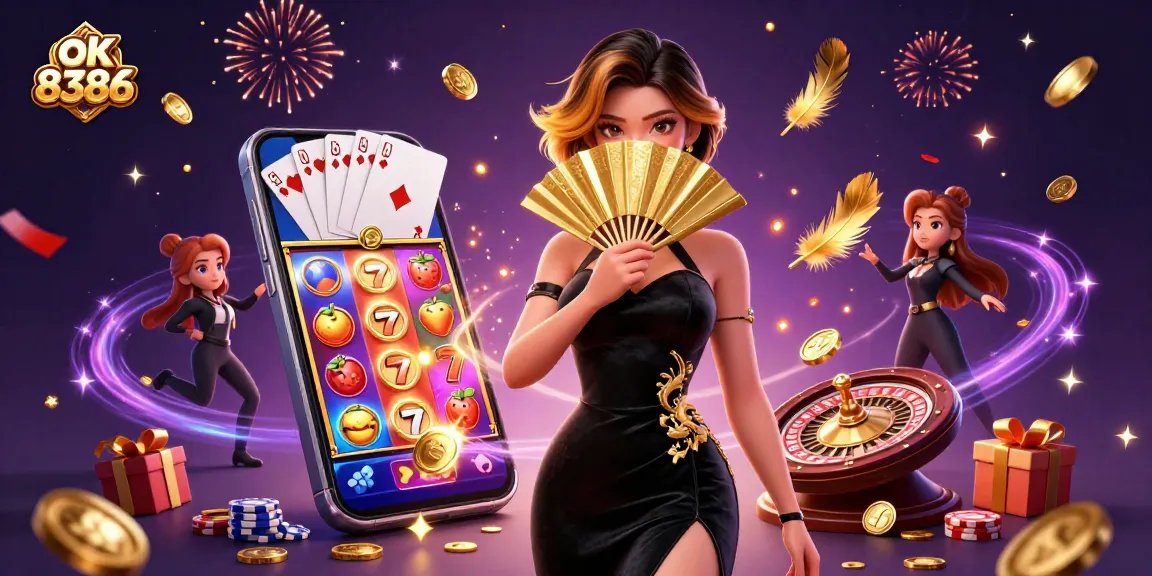 Play dynamic casino games with ok 8386's colorful slot and card elements in a vibrant 3D scene.