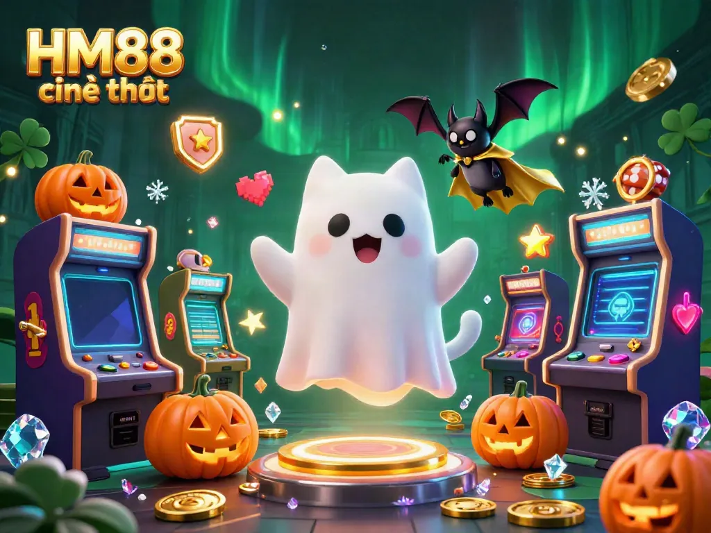 Engage in thrilling gameplay with HM88 chính thức's colorful casino scene featuring ghostly characters.
