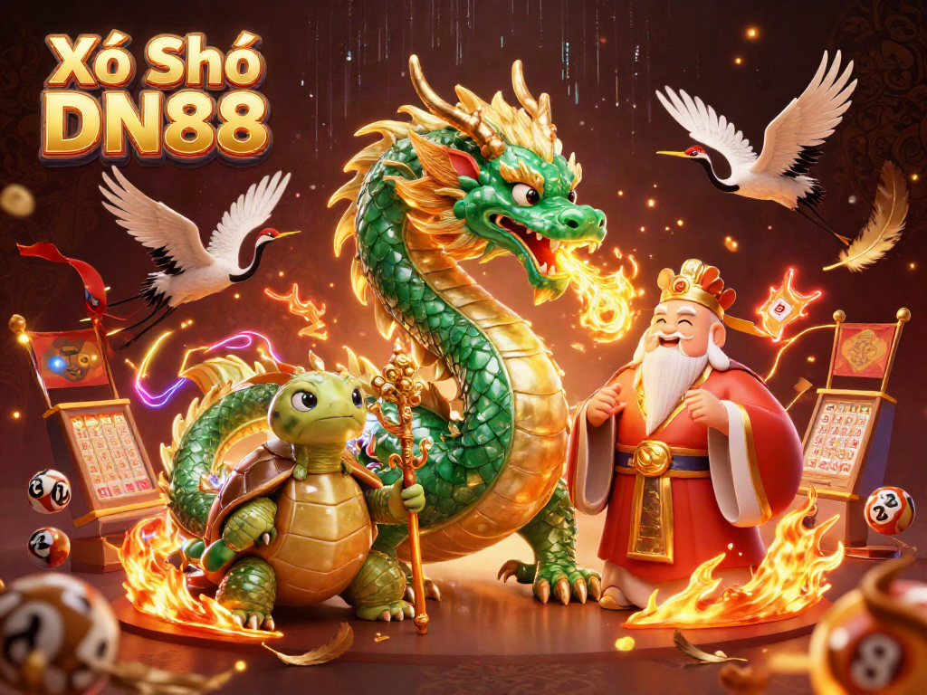 Xổ Số DN88 showcases thrilling lottery action with a jade dragon, turtle sage, and lucky cranes.