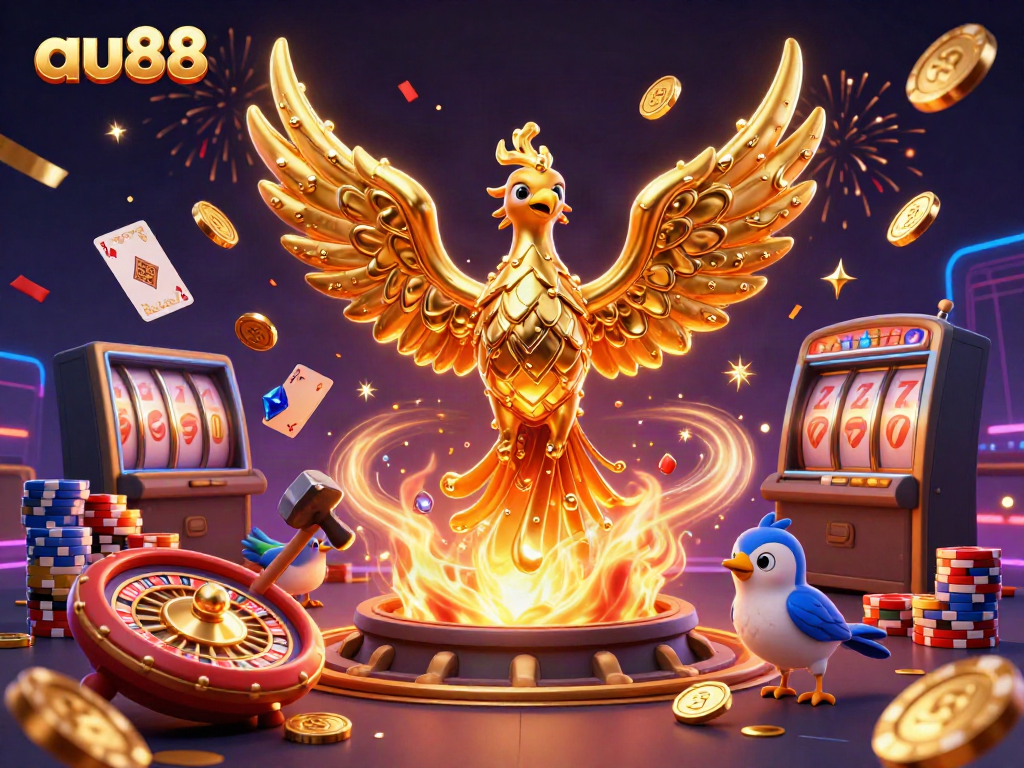 Spin to win with au88, showcasing a golden phoenix and casino excitement in a vibrant scene