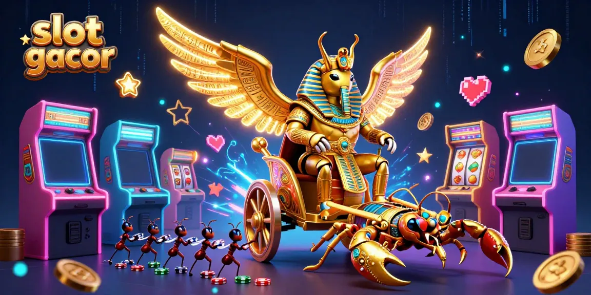Experience the thrill of slot gacor with an enchanting 3D illustration featuring a golden scarab beetle and vibrant casino elements.