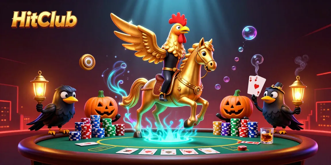 HitClub casino illustration with a golden rooster and gaming elements in a vibrant casino.