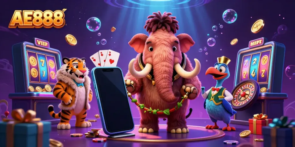 Experience the excitement of AE888 casino with charming cartoon characters and lively gaming elements.
