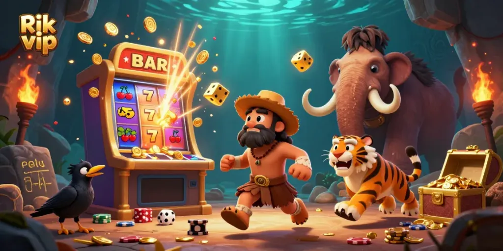 Engage in thrilling gaming at Rik vip with a vibrant prehistoric casino scene featuring unique characters.