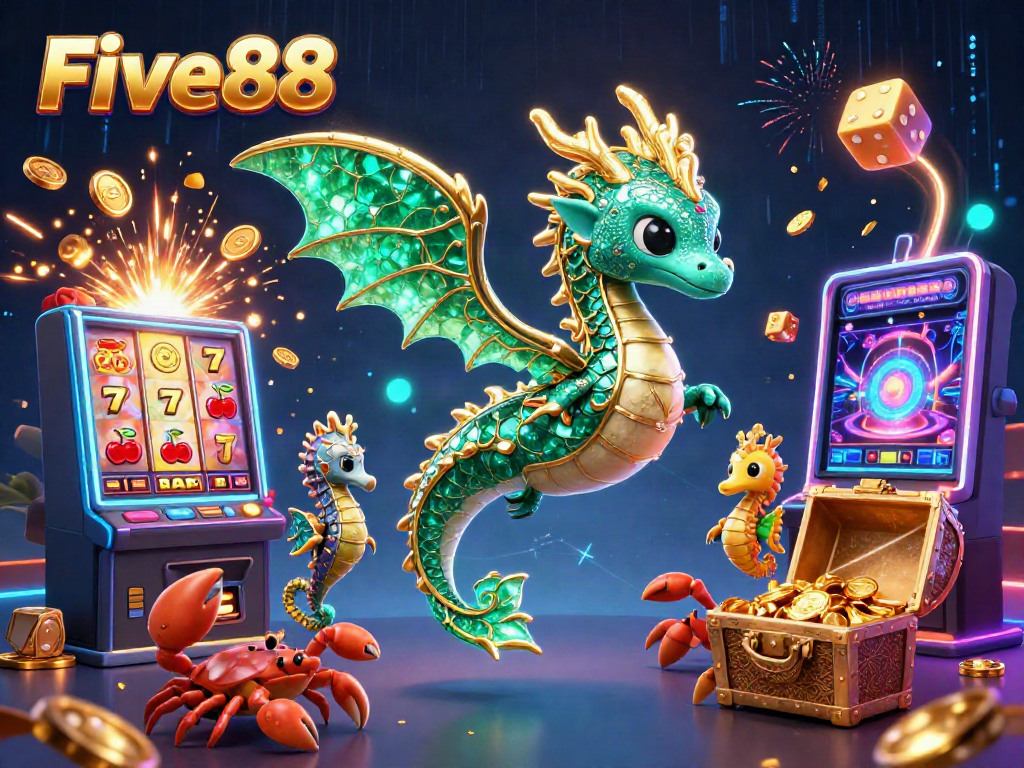 Experience thrilling adventures at Five88 with a vibrant treasure-filled casino scene featuring various gaming elements.