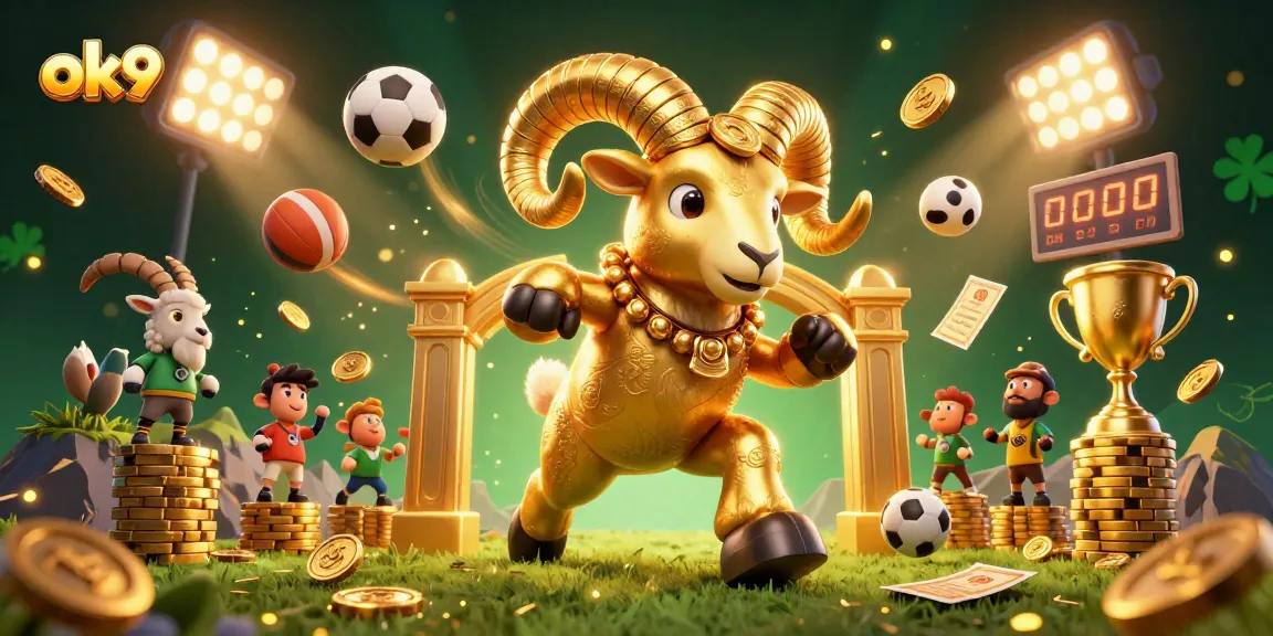 Experience the excitement of ok9 with a dynamic 3D illustration of a charging golden ram amidst sports betting action.