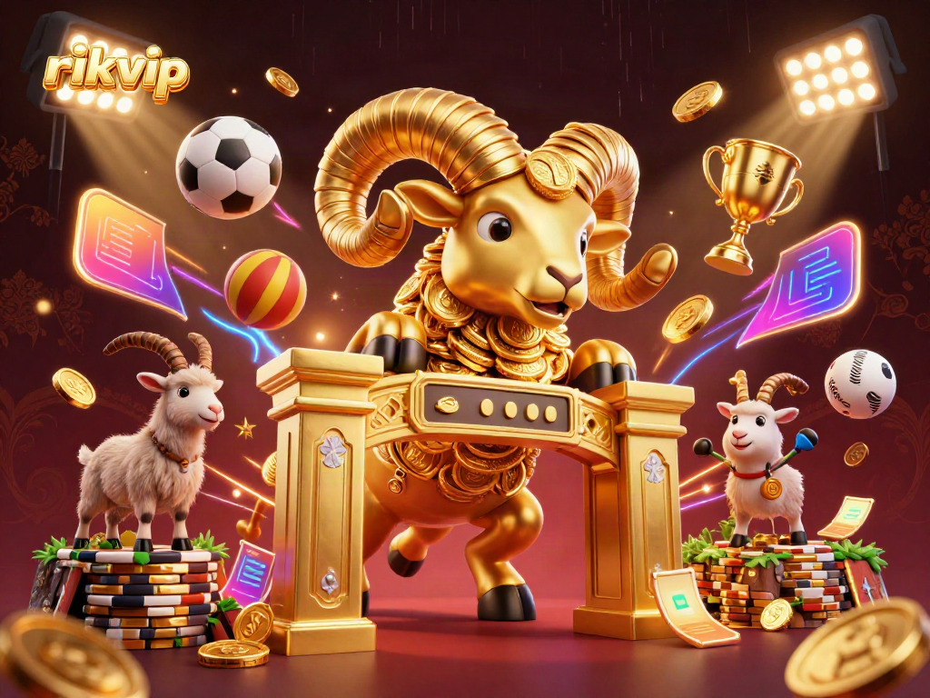 rikvip showcases an exciting casino experience with a dynamic scene of a golden ram charging amidst sports elements and glowing visuals.