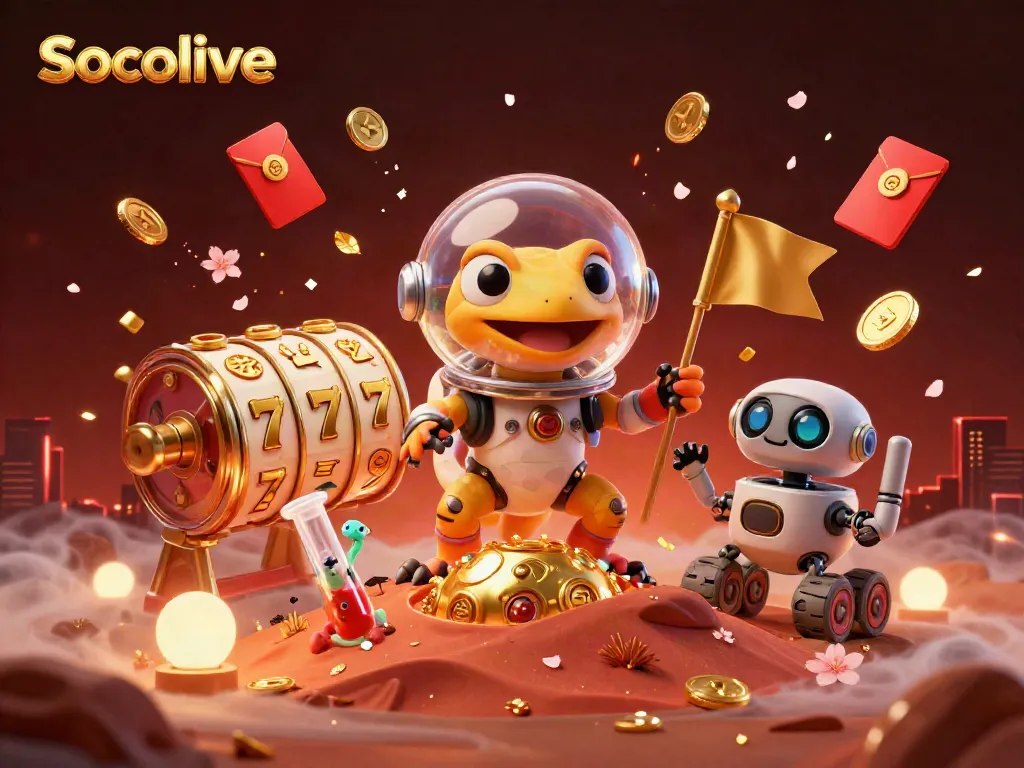 Engaging Socolive scene showcasing a Martian gecko discovering a vibrant casino filled with thrilling slot elements.