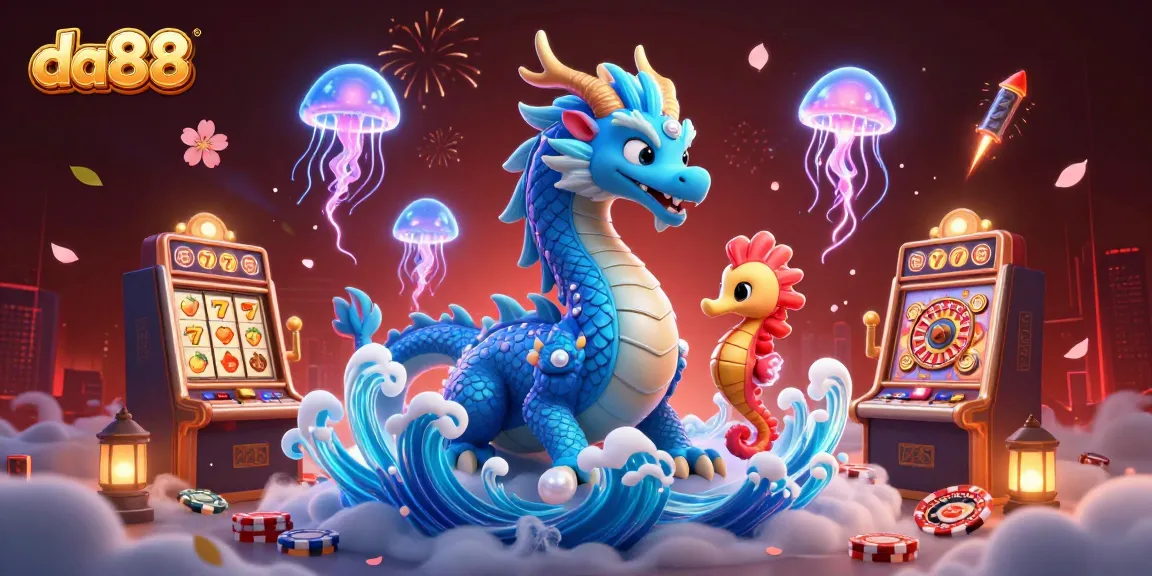 Engage in thrilling da88 gameplay with vibrant casino elements featuring dragons and seahorse knights.