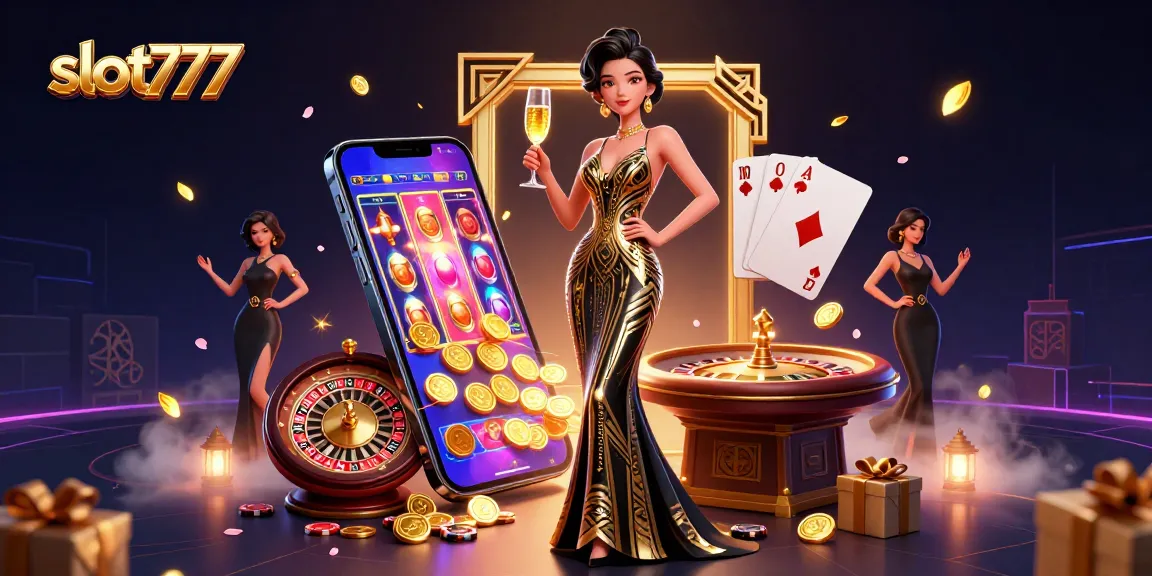 Play slot777 and win big with captivating reel spins and golden winnings in this dynamic illustration.