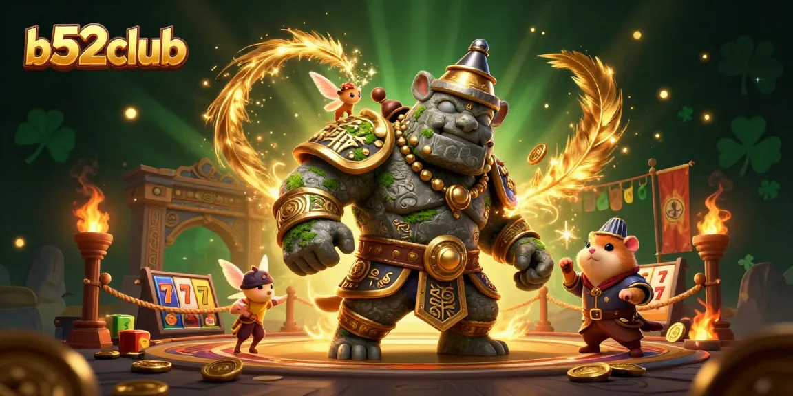 Experience thrilling gameplay at b52club with an action-packed fantasy scene showcasing a golem, fairy, and knight.