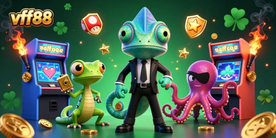 Experience vibrant gaming excitement with vff88 in a dynamic 3D casino illustration featuring colorful characters and action-packed elements.