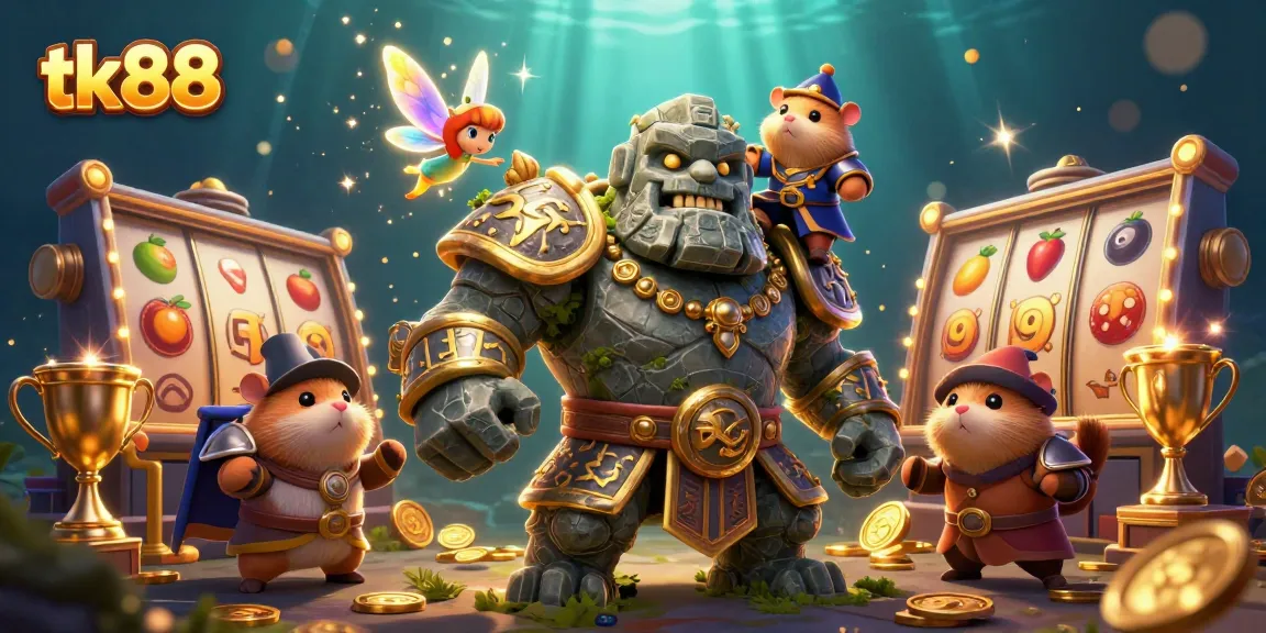 Engage in thrilling slot games with tk88 as a stone golem guardian and fairy companion bring luck through magic.