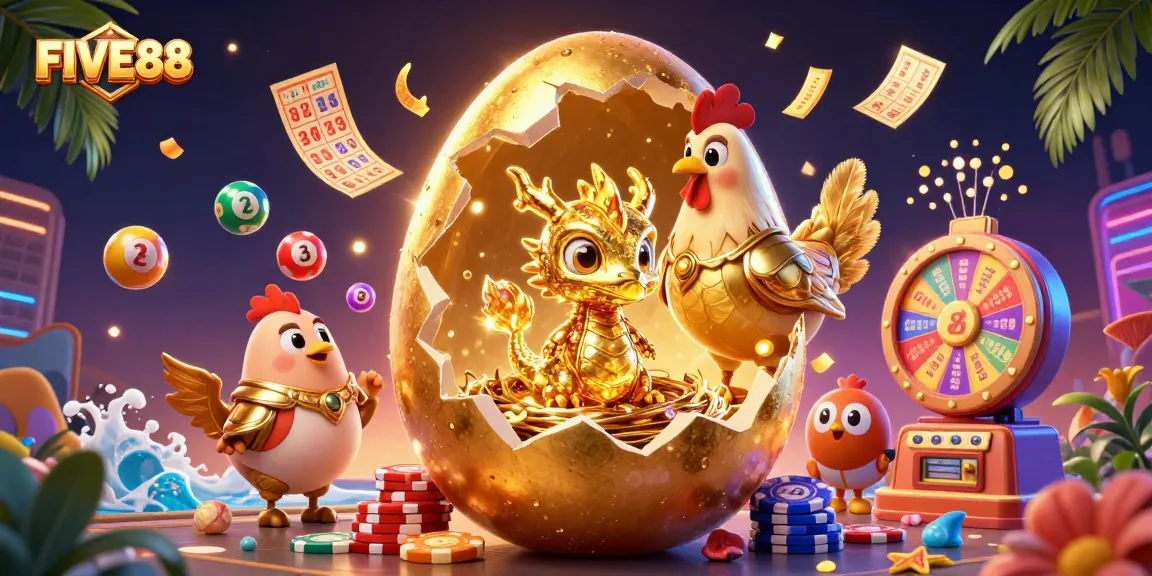 Engage with FIVE88's dynamic gold-themed gaming scene featuring exciting lottery elements.