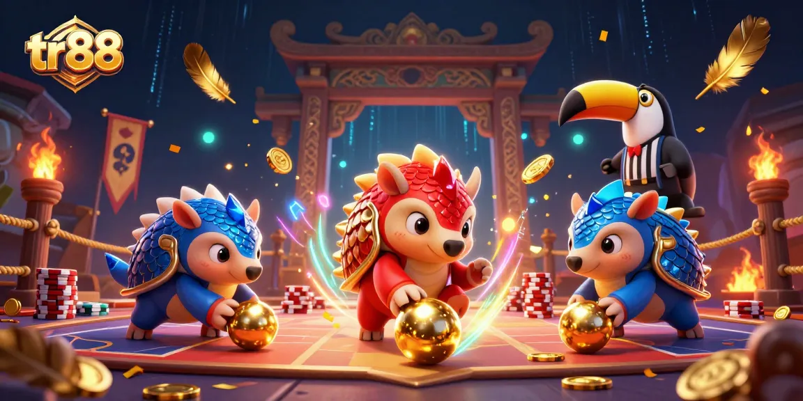 Engaging scene with tr88 pangolins bowling through poker chips in a vibrant casino atmosphere.