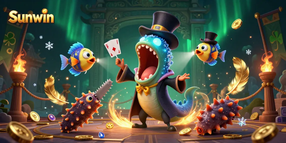 Experience the excitement of Sunwin with vibrant characters engaging in thrilling card magic amidst a dynamic casino atmosphere.