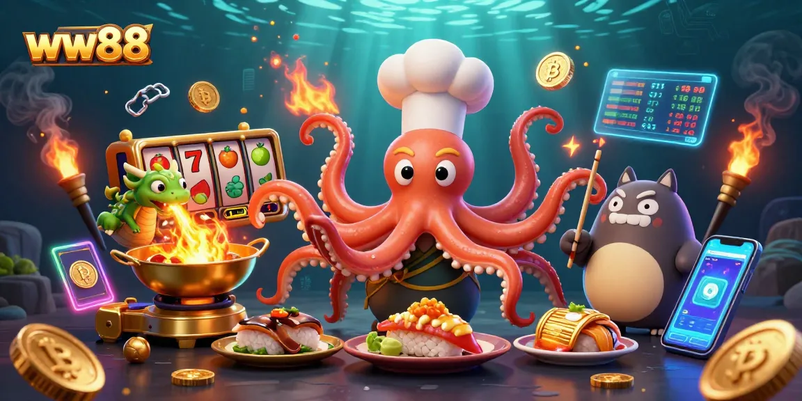 Engage with ww88 casino action as a lively octopus chef creates golden dishes amidst vibrant slot elements.