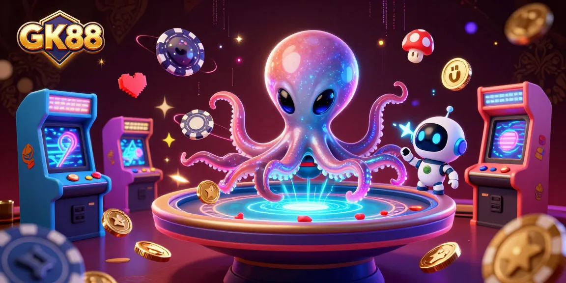 Engage in exhilarating gameplay at GK88, featuring a vibrant 3D casino scene with alien characters and holographic elements.