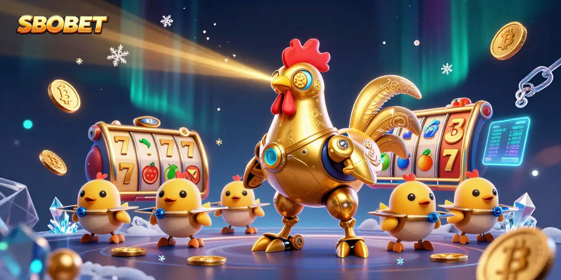 SBOBET features a futuristic golden rooster shooting lasers in a vibrant online casino scene.