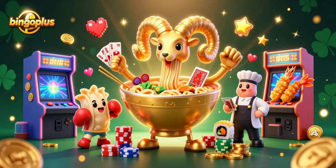 Bingoplus offers a vibrant casino experience with a giant ramen bowl character, engaging players in digital gaming.
