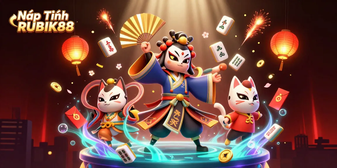 Nạp Tiền RUBIK88 through the vibrant scene of kabuki characters and dynamic casino elements.