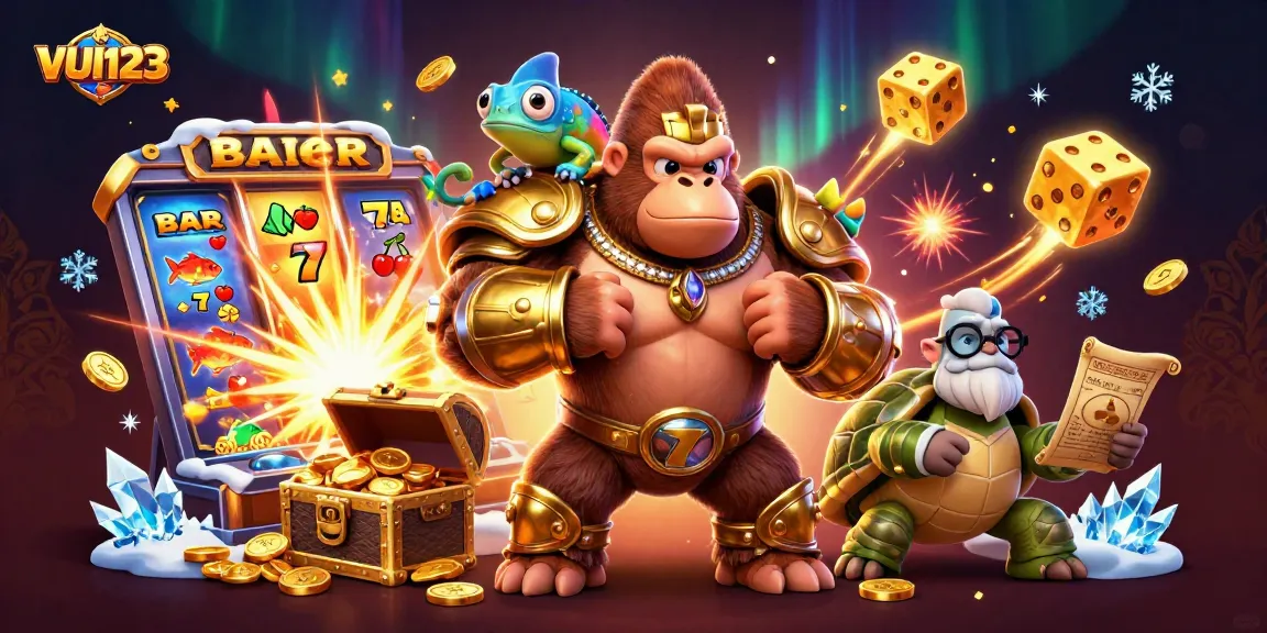 Experience thrilling action at VUI123 with a gorilla king and friends in a fish shooting game scene.