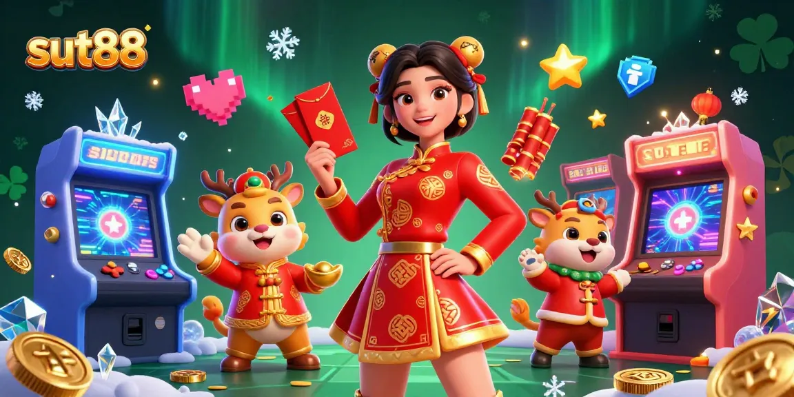 Sut88 offers vibrant gaming experiences in a dynamic 3D illustration celebrating Lunar New Year.