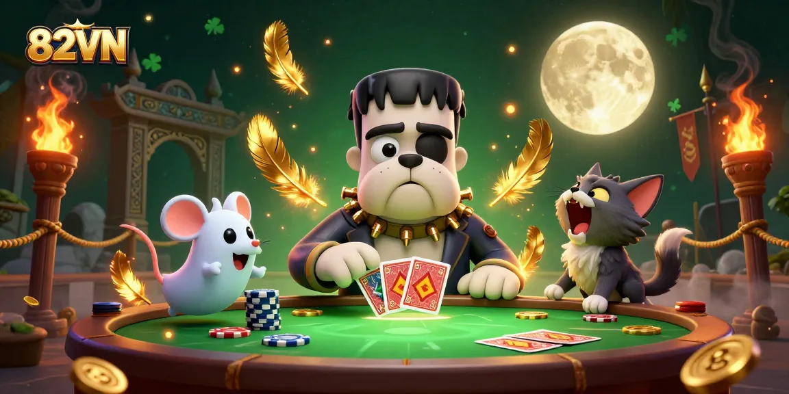 Join the excitement at 82VN as the Frankenstein bulldog deals cards amidst thrilling gambling elements.