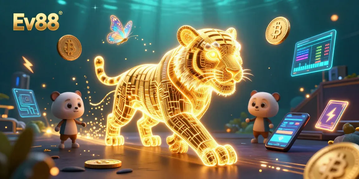 Experience thrilling gameplay at Ev88 with a neon-wireframe tiger navigating a vibrant digital casino.