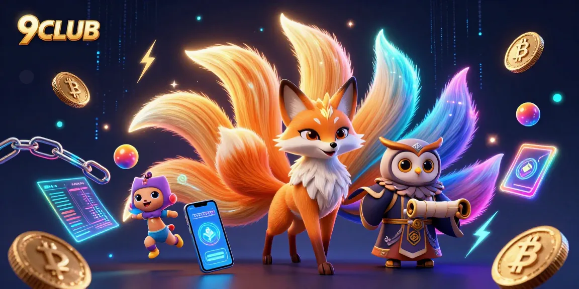 Experience the magic of 9CLUB with a vibrant illustration showcasing a nine-tailed fox and an owl in a dynamic casino scene.
