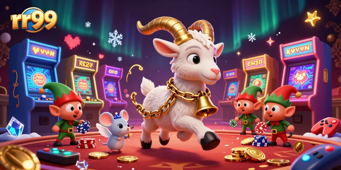 rr99 showcases a festive casino scene with a Krampus goat, angel mouse, and naughty elves in action.