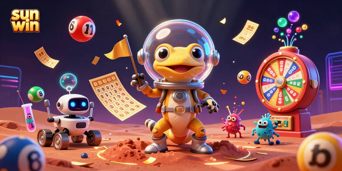 Experience the excitement with sun win as a Martian gecko finds a golden casino amidst vibrant lottery elements.