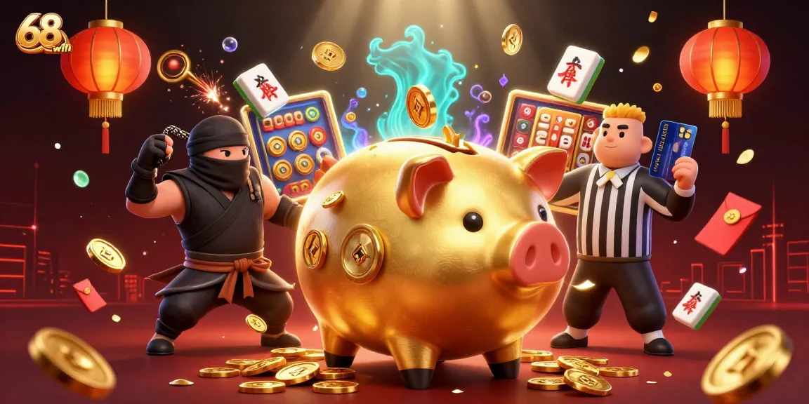 Engage with exciting gaming at 68win, featuring a golden piggy bank sumo wrestler and vibrant slot game elements.