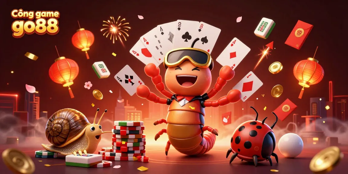 Cổng game go88 features an exciting scene with a cartoon millipede dealer and a high-roller snail among casino elements.