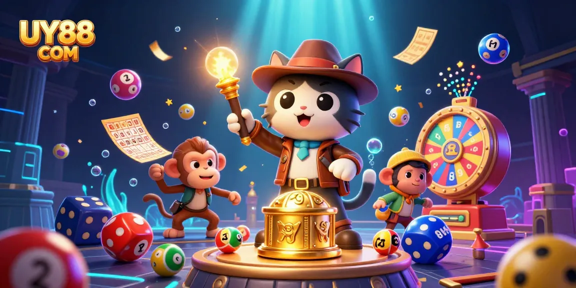 Win big with UY88 COM in a vibrant 3D casino adventure featuring colorful lottery elements.