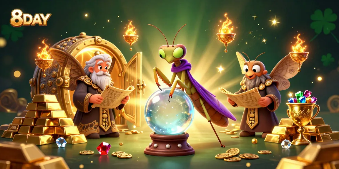 Spin the reels for fortune at 8DAY, featuring a lively casino scene with a mystical fortune teller.
