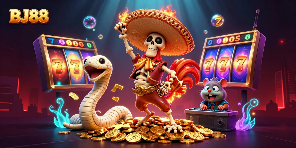 Experience BJ88's vibrant casino adventure with dancing characters amid spinning slots and golden coins!