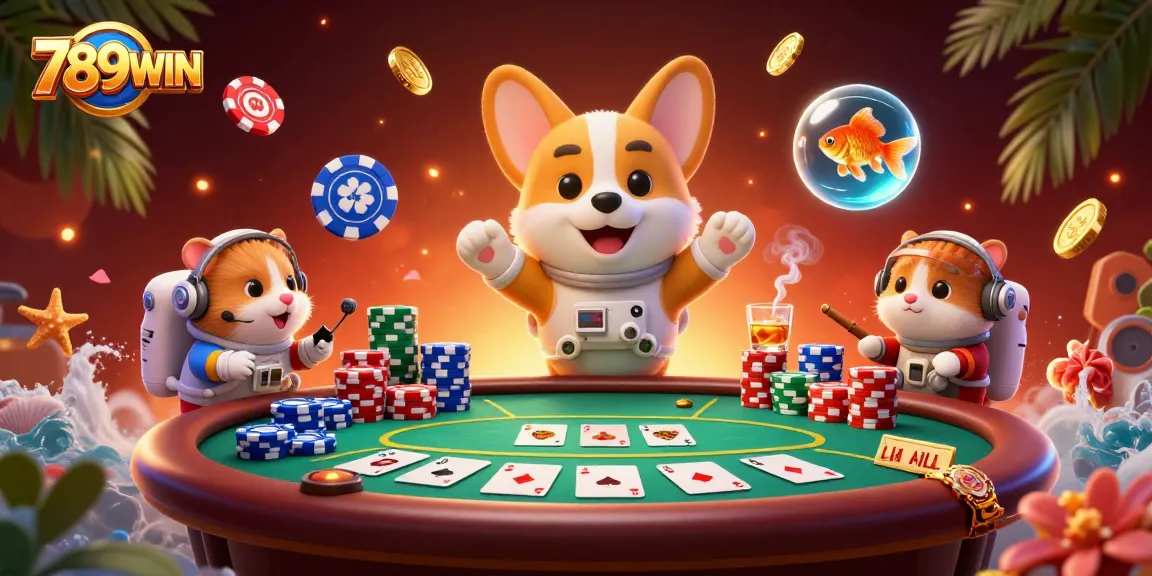 Experience thrilling games at 789WIN while floating in a vibrant casino world with unique characters and elements.