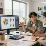 Creative workspace showcasing hot AI innovations with professionals collaborating on AI-generated art.