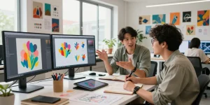 Creative workspace showcasing hot AI innovations with professionals collaborating on AI-generated art.
